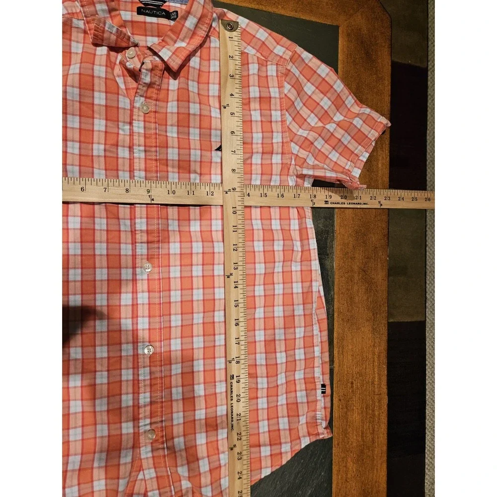 Nautica Boys Short Sleeve Button Up Shirt Orange & White Check L (14-16) Preppy